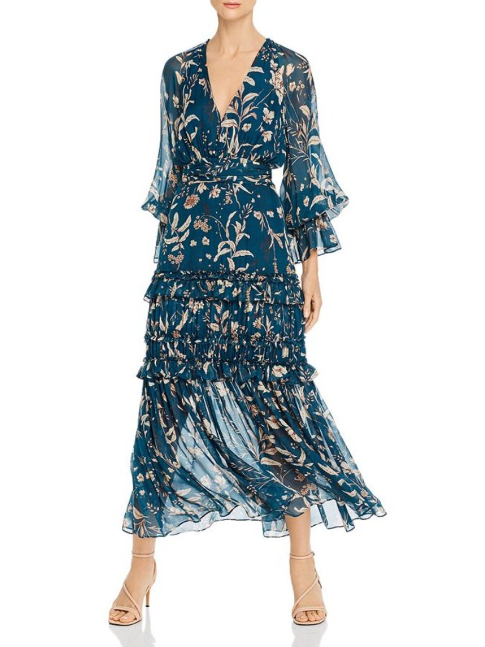 NWT AMUR Reah Teal Floral Long Sleeve Ruffled Maxi Dress